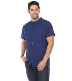 Yak & Yeti Men's Button Up Kurta Shirt Solid Color -Prana Style 6577633296427 navy